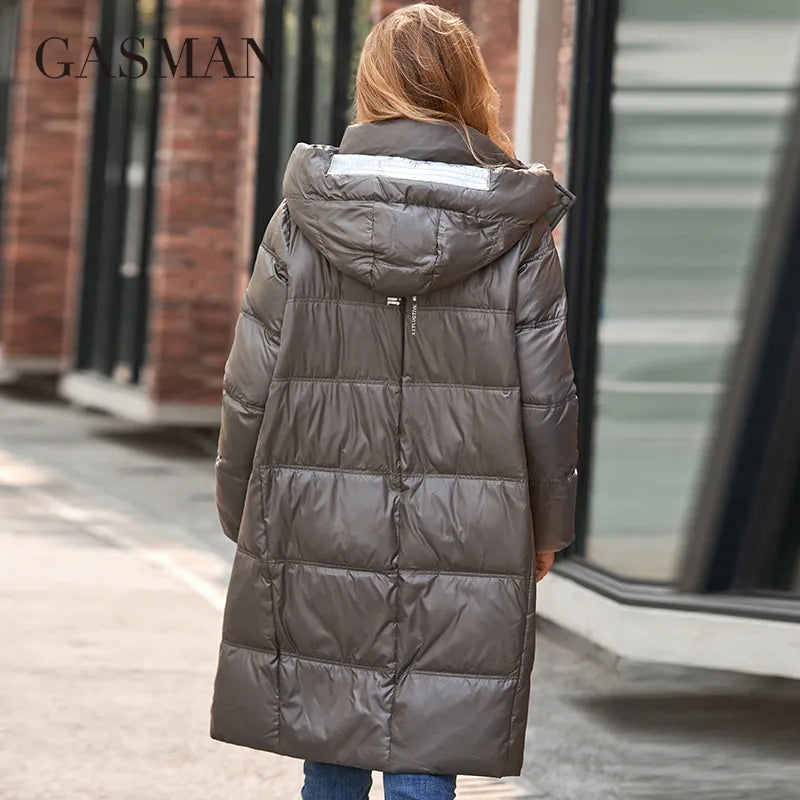 GASMAN Winter Down Jacket Women Warm Long Classic zipper Belt Design Pocket Hooded Slim Parkas Female Coat MG-81037