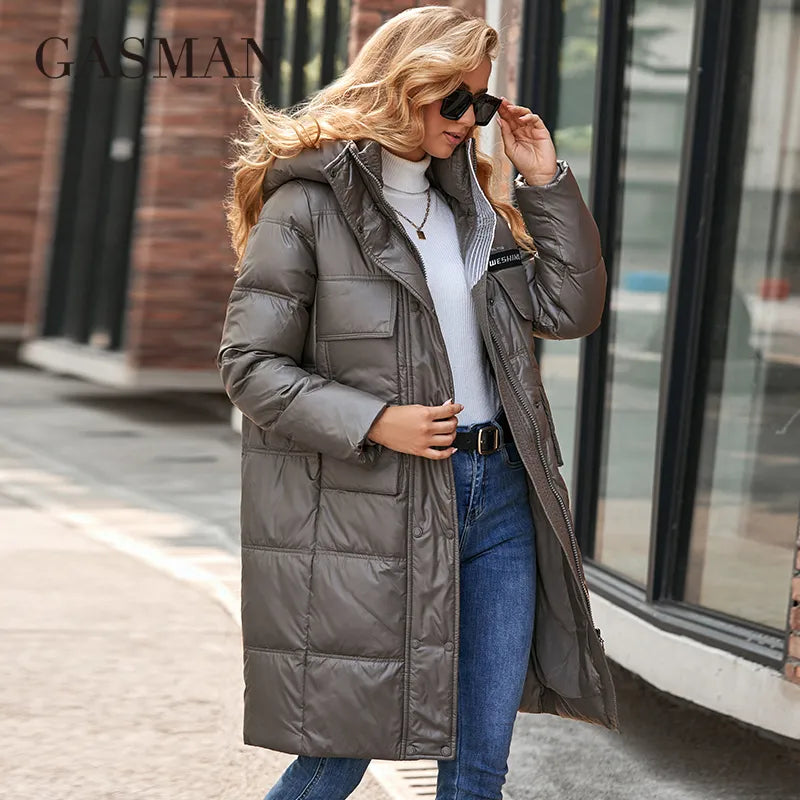 GASMAN Winter Down Jacket Women Warm Long Classic zipper Belt Design Pocket Hooded Slim Parkas Female Coat MG-81037