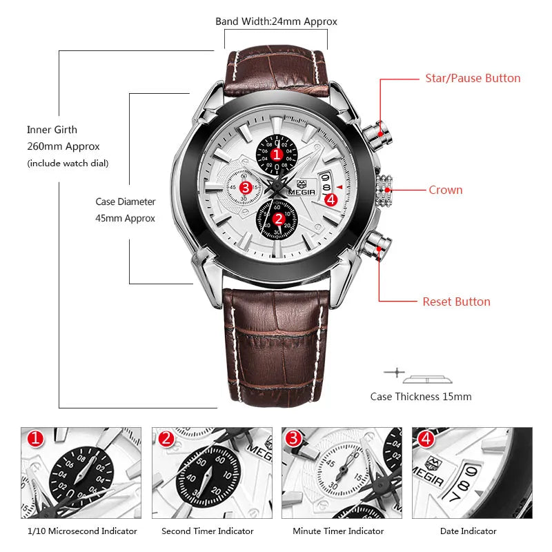 Megir Leather Watch Men 2019 Top Brand Luxury Quartz Watch Military Chronograph Waterproof Watches reloj relogio masculino 2020