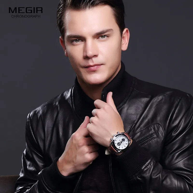 Megir Leather Watch Men 2019 Top Brand Luxury Quartz Watch Military Chronograph Waterproof Watches reloj relogio masculino 2020