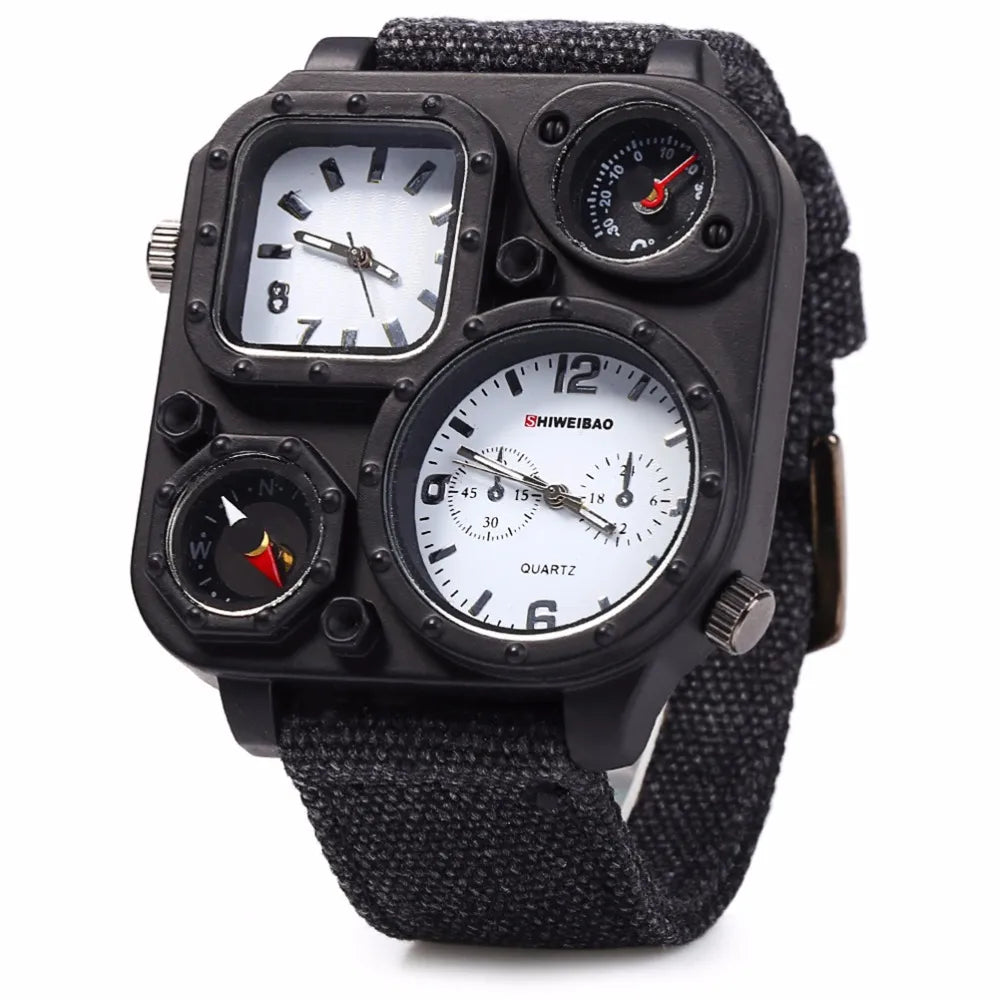 SHIWEIBAO J1169 Watches Men Big Dial Dual-Movement Sport Quartz Watch Men Military Compass Canvas Wristwatches Relogio Masculino