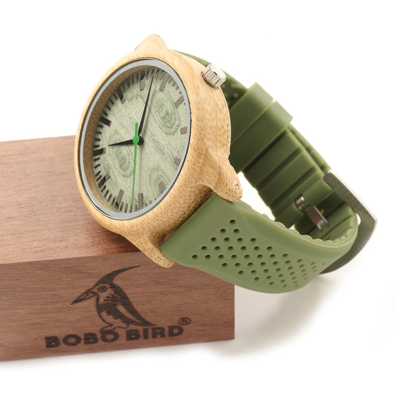 BOBO BIRD Bamboo Men Watch Casual Women Quartz Clock Silicone Band reloj mujer marca famosa