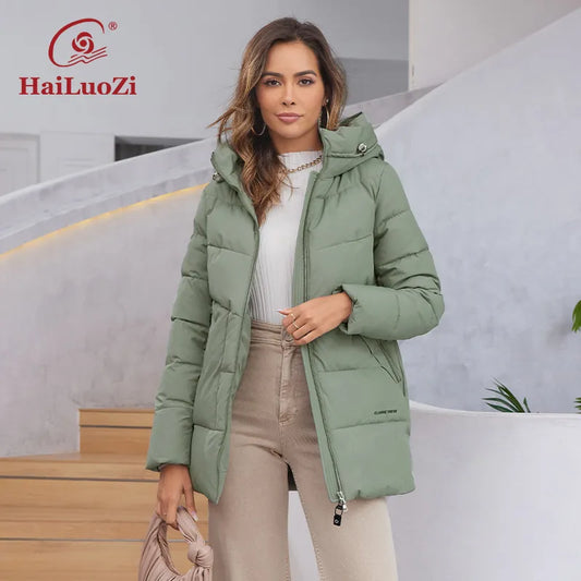 HaiLuoZi 2023 New Women's Jacket Short Warm Hooded Female Winter Outwear Classic Brand Zipper Design Big Pockets Women Coat 9910