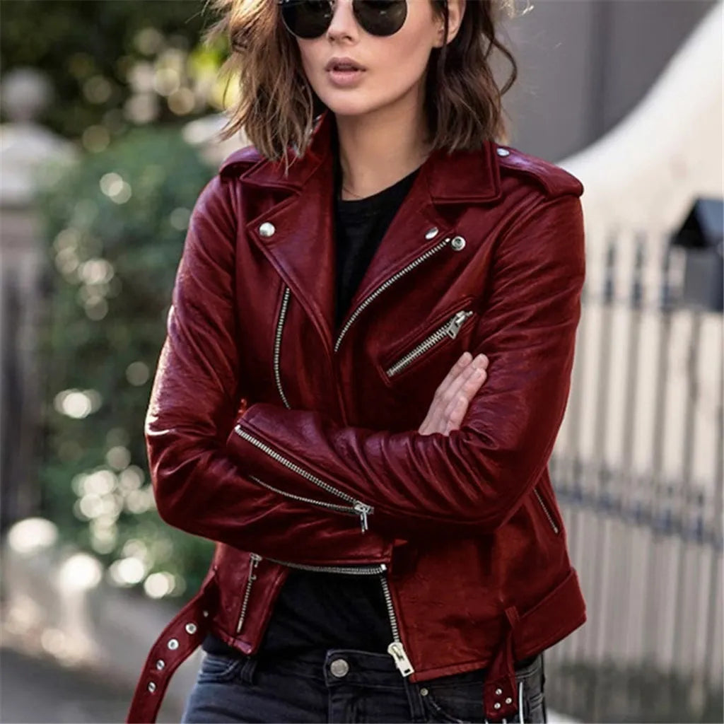 Autumn Short Jacket Solid Revers Female Moto Biker Jackets Thin Ladies Cool Faux Leather Jacket Slim Short Leather Outwear