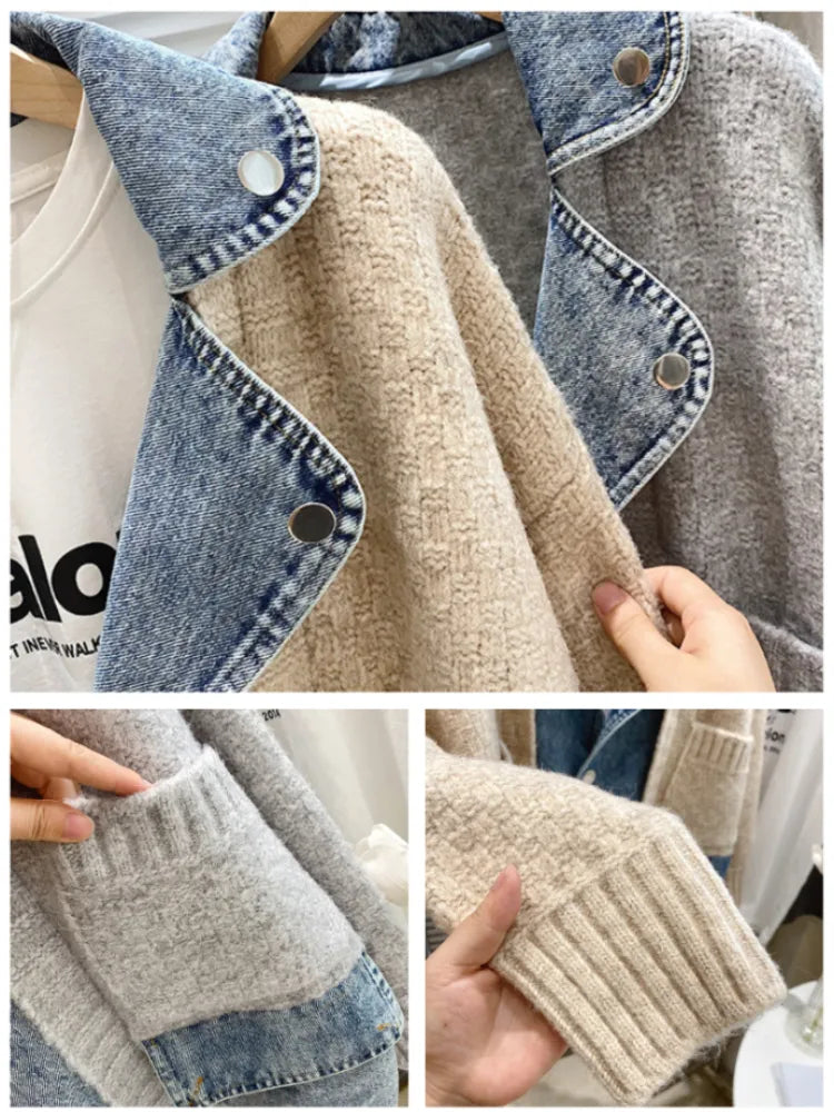 Jackets for Women 2022 Lapel Panels Denim Jacket Women Coats Loose Thick Sweater Knitted Cardigan Top Women Clothing Knitwears