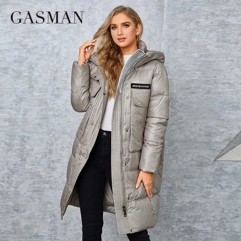 GASMAN Winter Down Jacket Women Warm Long Classic zipper Belt Design Pocket Hooded Slim Parkas Female Coat MG-81037