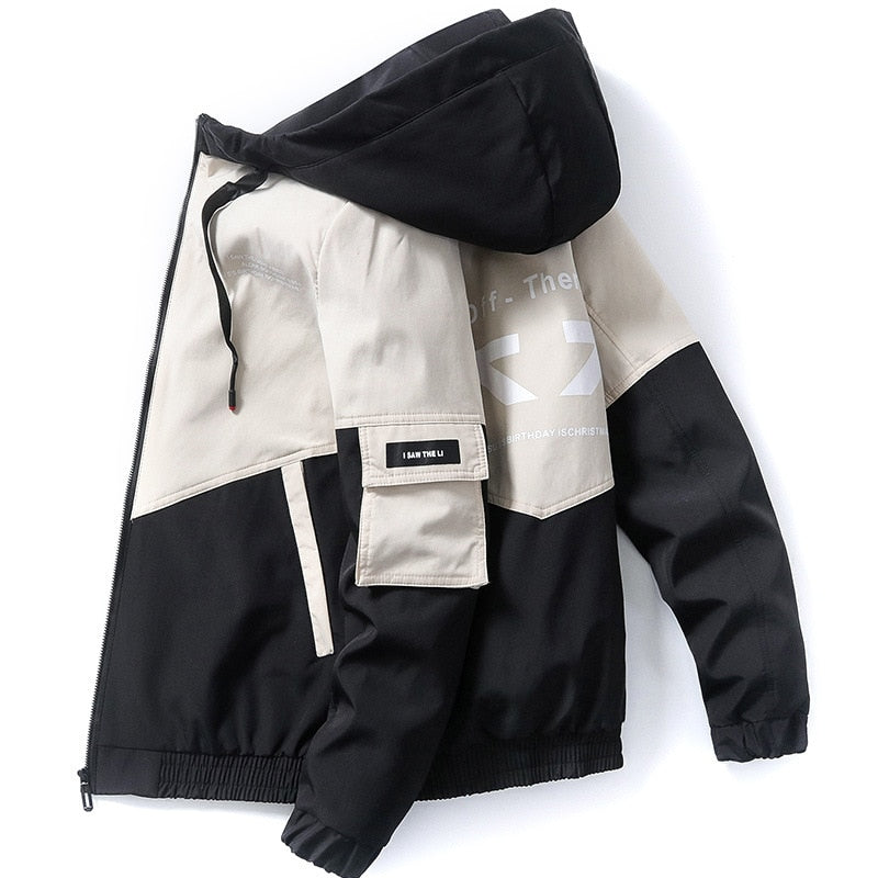 Spring and Autumn Men's Jacket High Street Printing Cargo Coat Stitching Color Windproof Pilot Jacket Male Hooded Outerwear