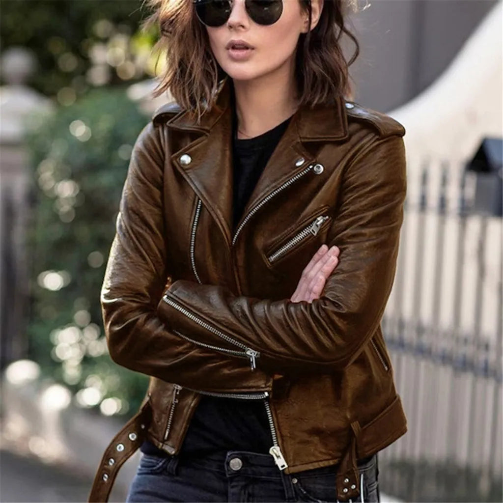 Autumn Short Jacket Solid Revers Female Moto Biker Jackets Thin Ladies Cool Faux Leather Jacket Slim Short Leather Outwear