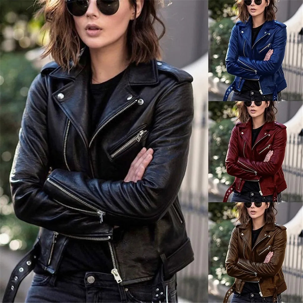 Autumn Short Jacket Solid Revers Female Moto Biker Jackets Thin Ladies Cool Faux Leather Jacket Slim Short Leather Outwear